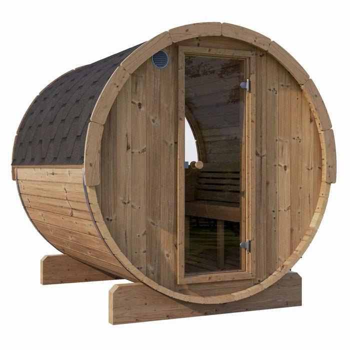 SaunaLife Model E8W outdoor barrel sauna with rear window